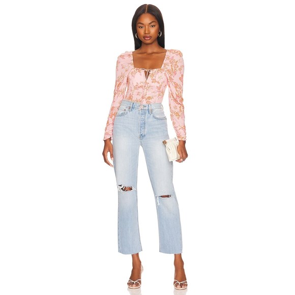 NWT FREE PEOPLE HILARY PRINTED TOP IN PINK COMBO SIZE M - Picture 4 of 4